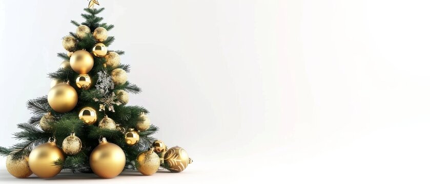 An artsy Christmas tree on a white background with a gold ball and candy can.