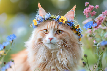 Beautiful sable white shetland cute light pink cat, small collie lassie cat outside portrait with cornflower midsummer circlet of flowers. Happy midsummer celebration postcard with smiling sheltie