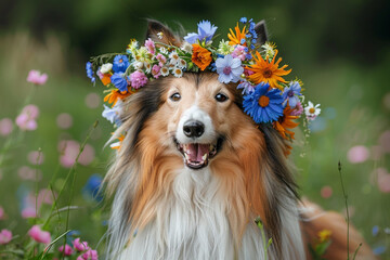 Beautiful sable white shetland sheepdog, small collie lassie dog outside portrait with cornflower midsummer circlet of flowers. Happy midsummer celebration postcard with smiling sheltie