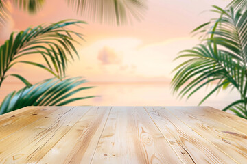 light wood3n table top with tropical background