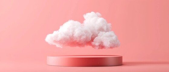 Clouds in pastel pink on pink podium. 3D rendering.