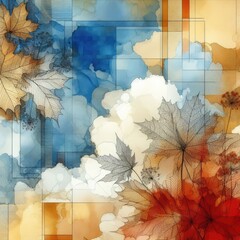 Autumn Leaves and Abstract Watercolor Landscape background with Generative AI.