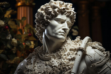 A depiction of Apollo, god of music and arts, as the face of a high-end musical instrument manufactu