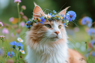 Beautiful sable white shetland cute light pink cat, small collie lassie cat outside portrait with cornflower midsummer circlet of flowers. Happy midsummer celebration postcard with smiling sheltie - obrazy, fototapety, plakaty