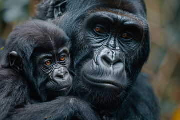 Obraz premium A photograph capturing the intimate moment of a mother and calf Western lowland gorilla in the rainf