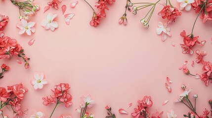 Colorful red wildflowers on background. Flat lay, top view floral frame border with copy space mockup. Valentine's day concept.