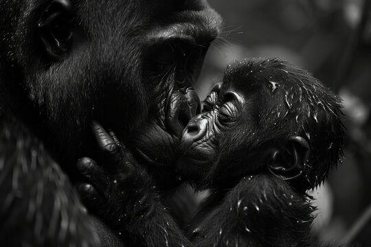 A photograph capturing the intimate moment of a mother and calf Western lowland gorilla in the rainf