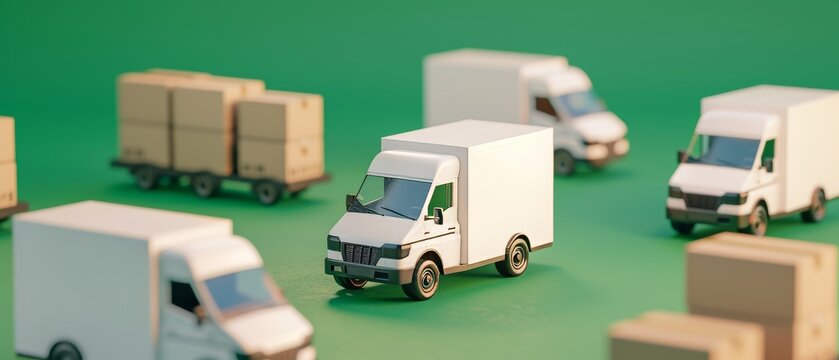 On a green background, delivery vans with paper boxes are pictured.