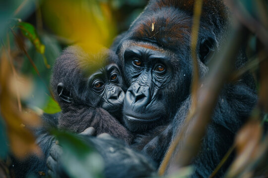 A photograph capturing the intimate moment of a mother and calf Western lowland gorilla in the rainf