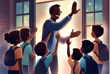 Elementary school teacher greeting his students at the door. Male teacher welcoming his class with a high five - obrazy, fototapety, plakaty