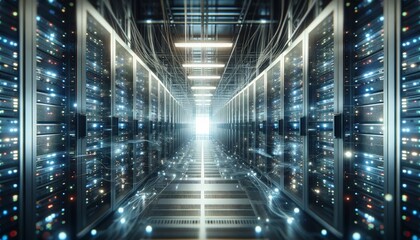 Hardware server room depicted in an abstract data center setting for efficient storage and...