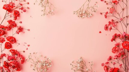 Colorful red wildflowers on background. Flat lay, top view floral frame border with copy space mockup. Valentine's day concept.