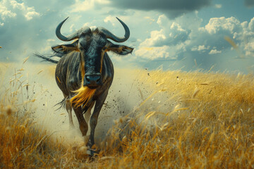 A photograph of an elderly wildebeest, scarred and seasoned, leading a section of the migration with