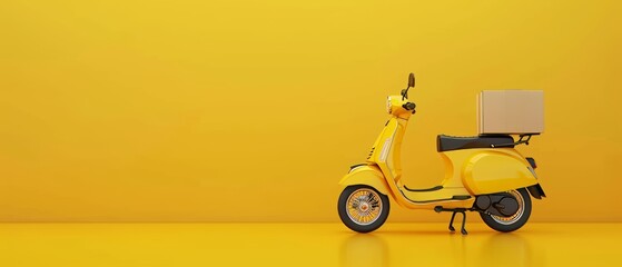 A delivery scooter with a food box on a yellow background. A delivery service concept. 3D rendering.