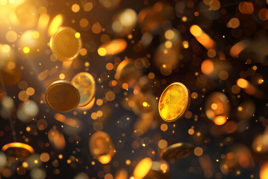 Flying golden coins background. AI generative