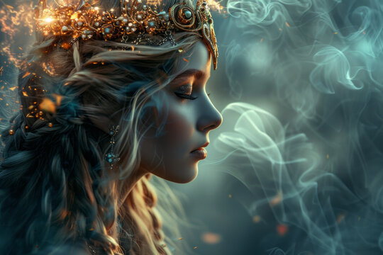 A photograph of Freya, the Norse goddess of love and beauty, promoting a line of exquisite jewelry,