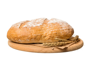 Freshly baked bread on cutting board isolated on white background . perspective view bread with copy space