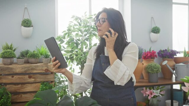 Mature hispanic businesswoman talking on phone and holding tablet in a flower shop