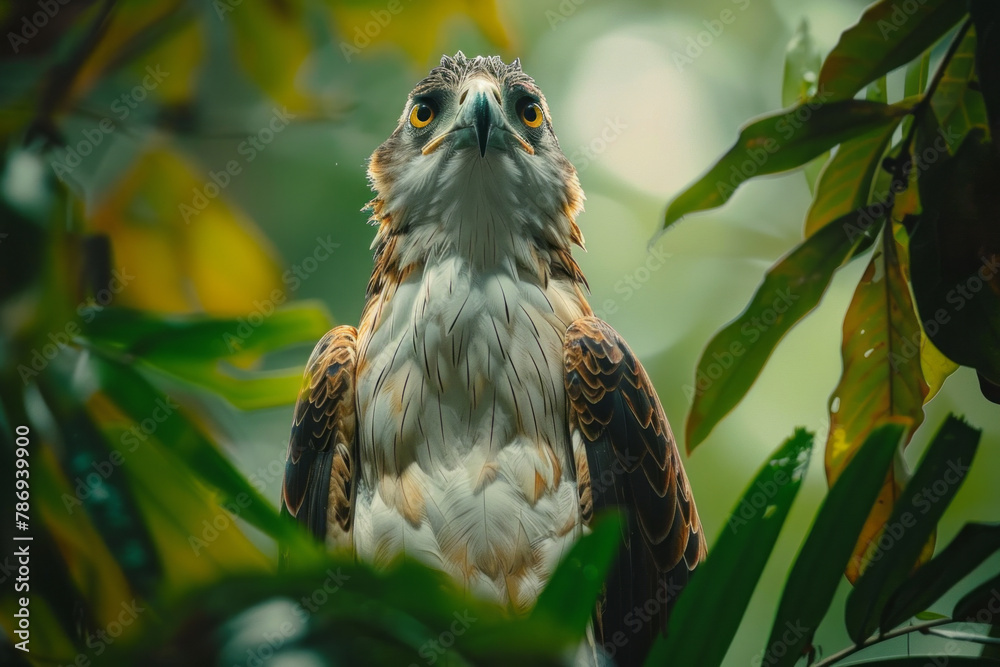 Poster a scene capturing the intense gaze of a critically endangered philippine eagle perched high in the r