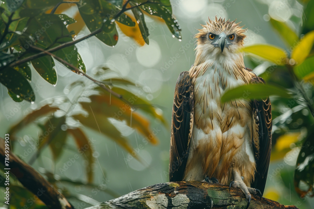 Poster a scene capturing the intense gaze of a critically endangered philippine eagle perched high in the r