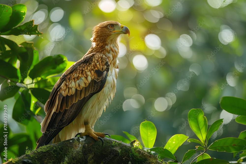 Poster a scene capturing the intense gaze of a critically endangered philippine eagle perched high in the r