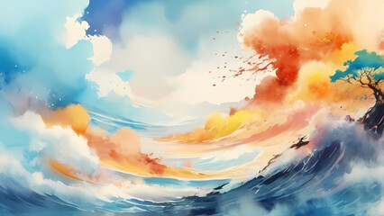 watercolor cloud sky anime background illustration - obrazy, fototapety, plakaty