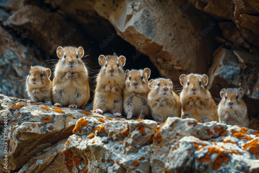 Poster a scene depicting a group of lemmings at the edge of a cliff, tentatively peering over as they prepa