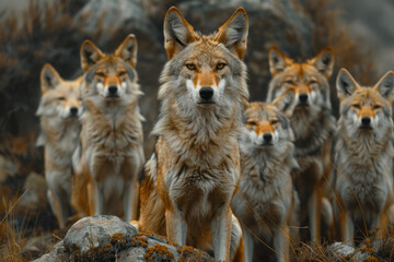 Fototapeta premium A scene capturing the social interactions of Ethiopian wolves, African most endangered carnivore,