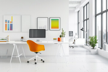 Minimalistic office environment adorned with pops of vivid color and a pristine white frame, offering a serene backdrop for productive work.