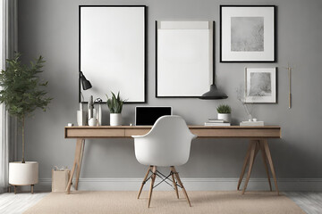 Mockup frame in modern home office interior background, 3d render