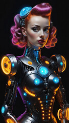 futuristic pin up, cyborg woman, neon lights, generative ai illustration