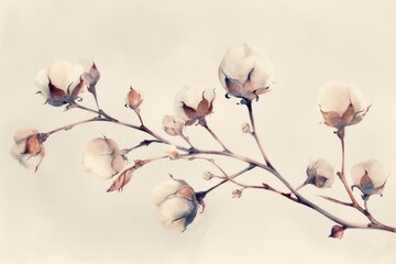Cotton branch. Watercolor illustration. AI generative