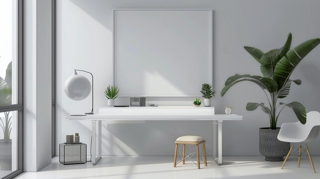 Minimalistic office room with bright decor and an empty white frame, providing a space for imaginative thinking.