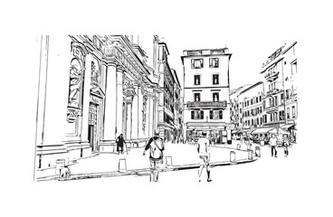 Print Building view with landmark of Ligûria is a region in Italy. Hand drawn sketch illustration in vector.