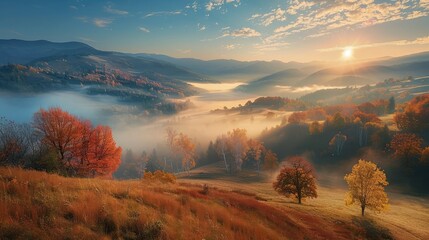 cold fog in the rural valley of Carpathian mountain range with sun and moon at twilight. trees with colorful foliage on the hillside meadow in morning light. - obrazy, fototapety, plakaty