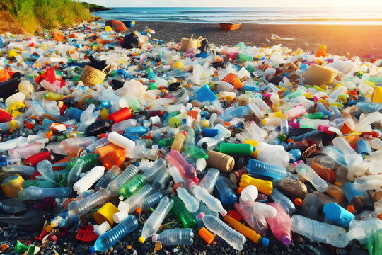 plastic bottles and other items on the beach, plastic waste