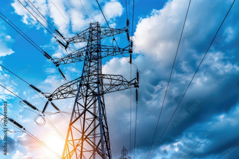 Aufkleber a high voltage tower standing tall against a cloudy sky. suitable for energy and technology concepts