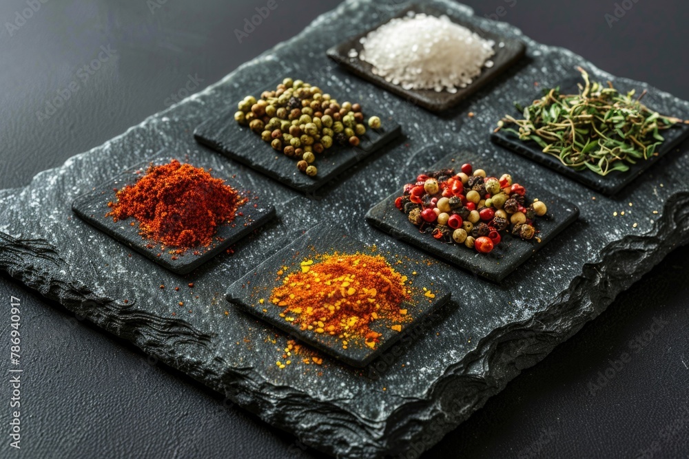 Poster assorted spices arranged on a slate plate, perfect for culinary concepts