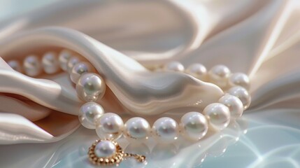 A stunning pearl necklace on white cloth. Perfect for jewelry ads - obrazy, fototapety, plakaty