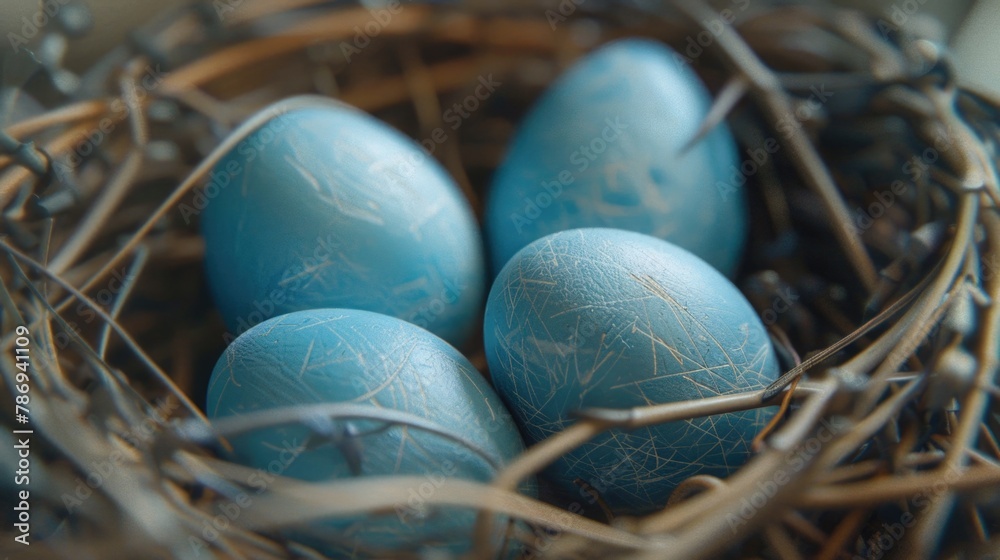 Aufkleber three blue eggs in a nest of twigs. suitable for nature and spring themes