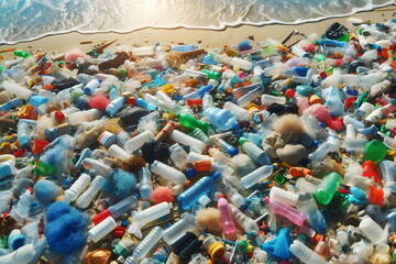 plastic bottles and other items on the beach, plastic waste - obrazy, fototapety, plakaty