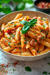 Pasta with Sausage and Peppers, the creamy penne pasta is infused with vibrant red peppers and rich brown sausages in sauce