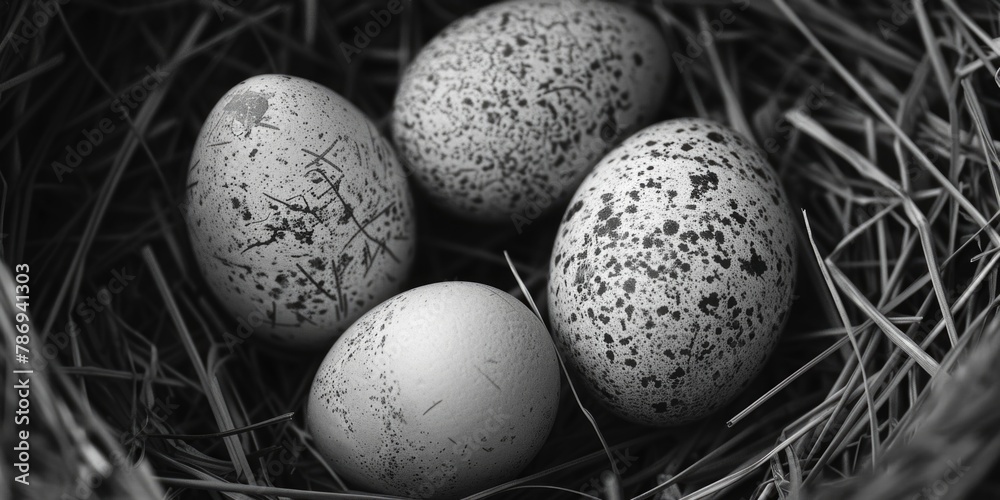 Poster three eggs in a nest with grass and straw. perfect for easter or nature-themed designs