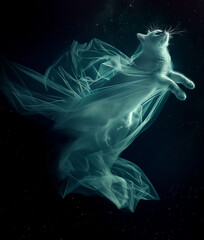 An anthropomorphic cat, wearing a fluorescent transparent dress, flies in the night sky. 