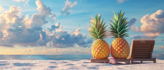 Coastal beach, hipster pineapples on chair, with sky background in 3D. - obrazy, fototapety, plakaty