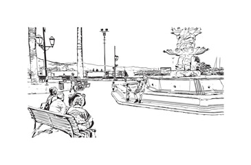 Print Building view with landmark of Ligûria is a region in Italy. Hand drawn sketch illustration in vector.