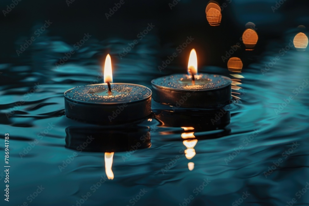 Poster two lit candles floating on top of a body of water. perfect for relaxation or meditation concepts