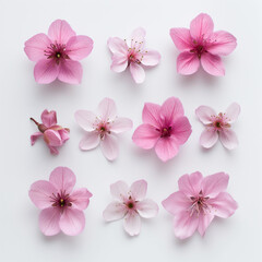 Fototapeta na wymiar On a pure white background, variously shaped cherry blossom petals are laid out. There is a certain gap between each petal, and they are not placed in a container.