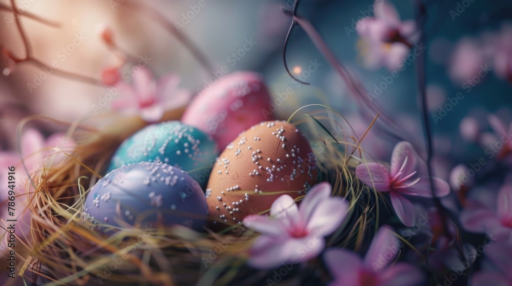 Poster close up of a nest with eggs. perfect for nature themed designs