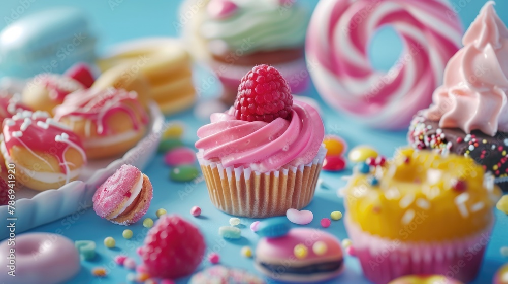 Poster various types of cupcakes displayed on a table, perfect for bakery or dessert concept